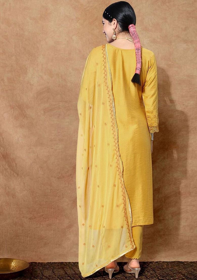 Mustard Embroidered Blended Kurta Set - Indya