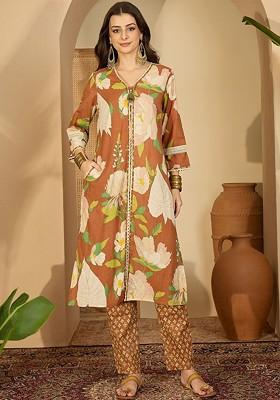 Brown Printed Blended Kurta Set