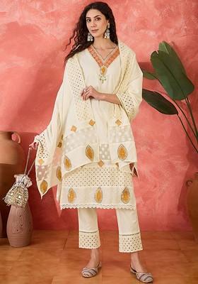 Off White Embroidered Blended Kurta Set