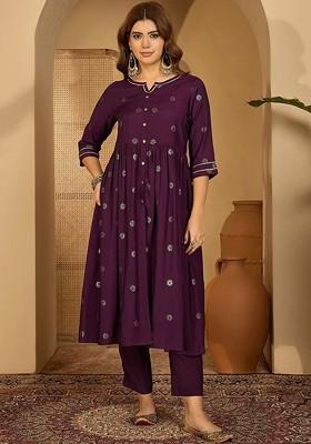 Purple Printed Blended Kurta Set