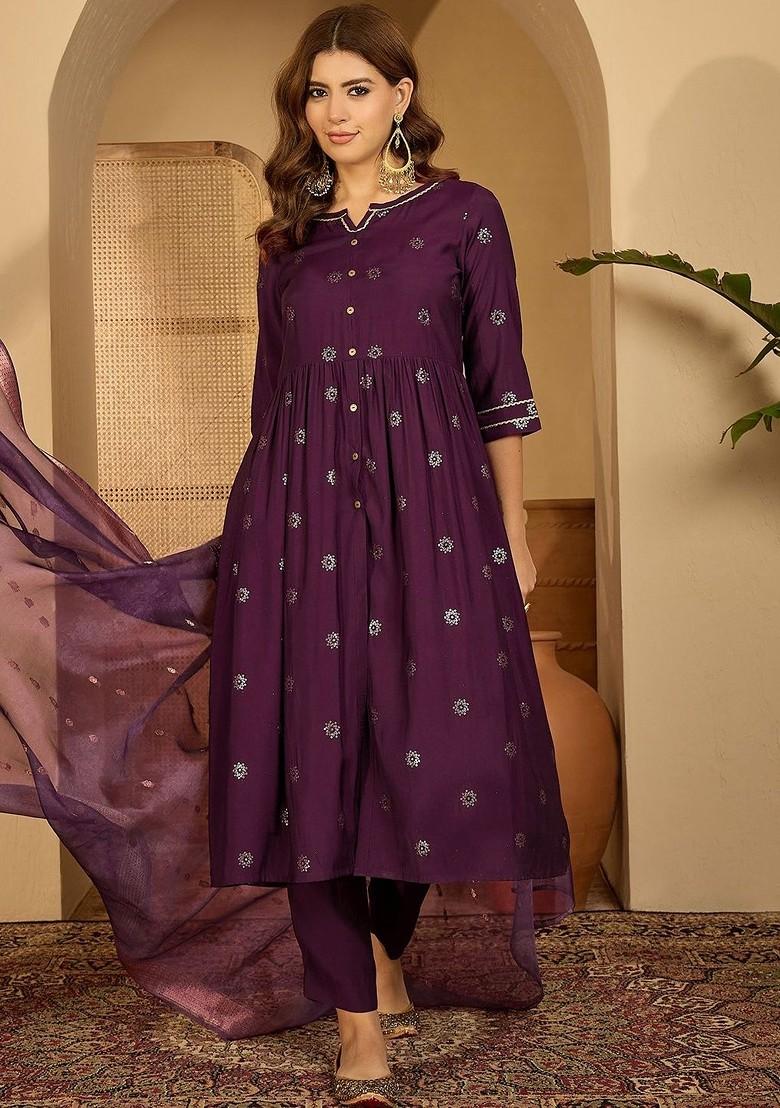 Purple Printed Blended Kurta Set - Indya