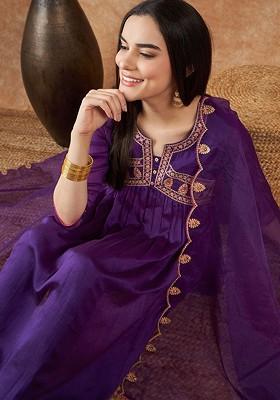 Purple Yoke Design Blended Kurta Set