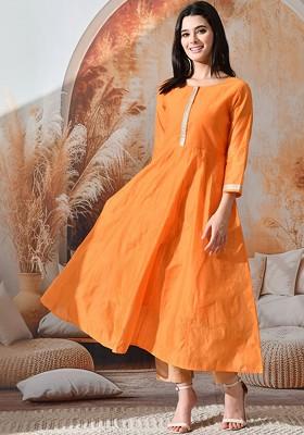 Orange Solid Blended Kurta Set