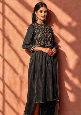 Black Embroidered Blended Kurta Set
