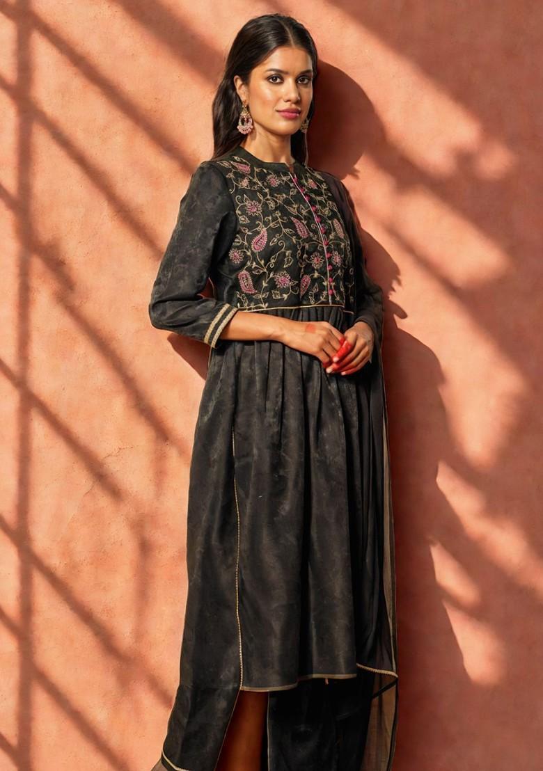Black Embroidered Blended Kurta Set - Indya