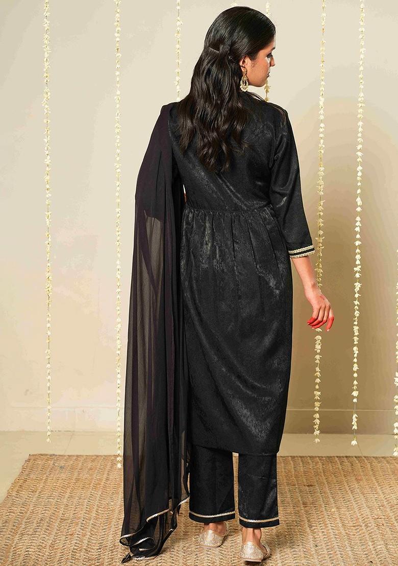 Black Embroidered Blended Kurta Set - Indya