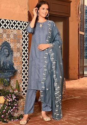 Blue Thread Work Blended Kurta Set