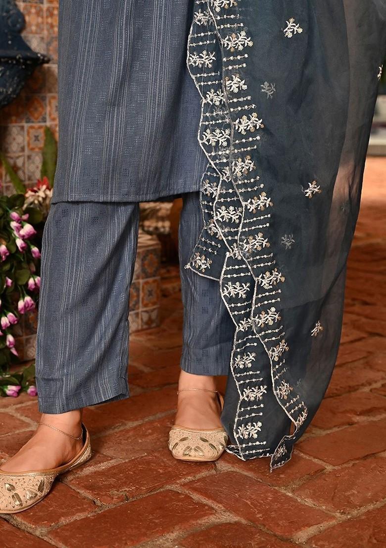 Blue Thread Work Blended Kurta Set - Indya