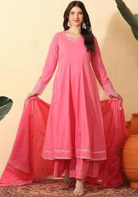 Pink Solid Blended Kurta Set