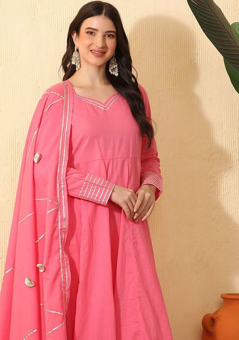 Pink Solid Blended Kurta Set - Indya