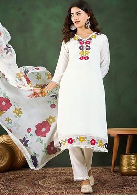 Off White Embroidered Blended Kurta Set