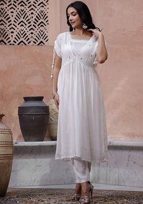 Off White Embroidered Blended Kurta Set