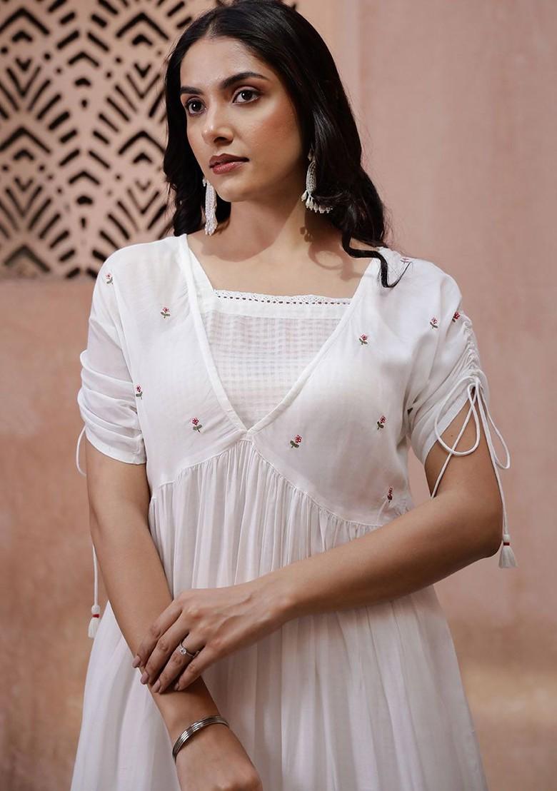Off White Embroidered Blended Kurta Set - Indya