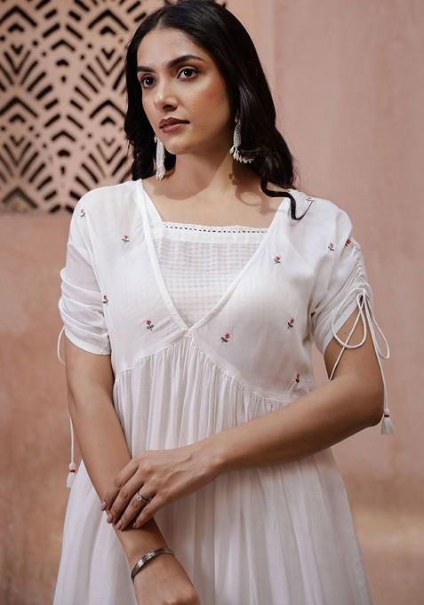Off White Embroidered Blended Kurta Set