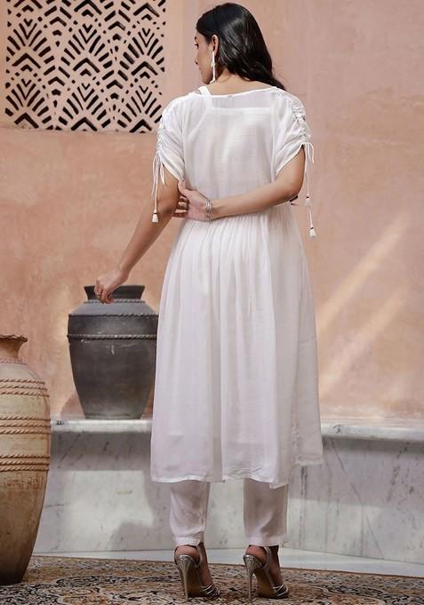 Off White Embroidered Blended Kurta Set