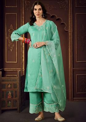 Sea Green Embroidered Blended Kurta Set