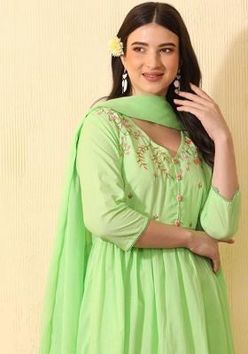 Lime Green Embroidered Blended Kurta Set