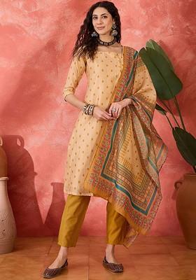 Cream Printed Blended Kurta Set