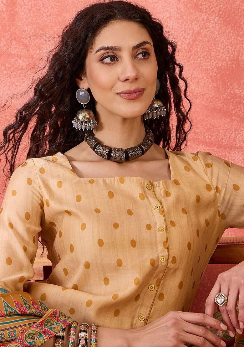 Cream Printed Blended Kurta Set - Indya