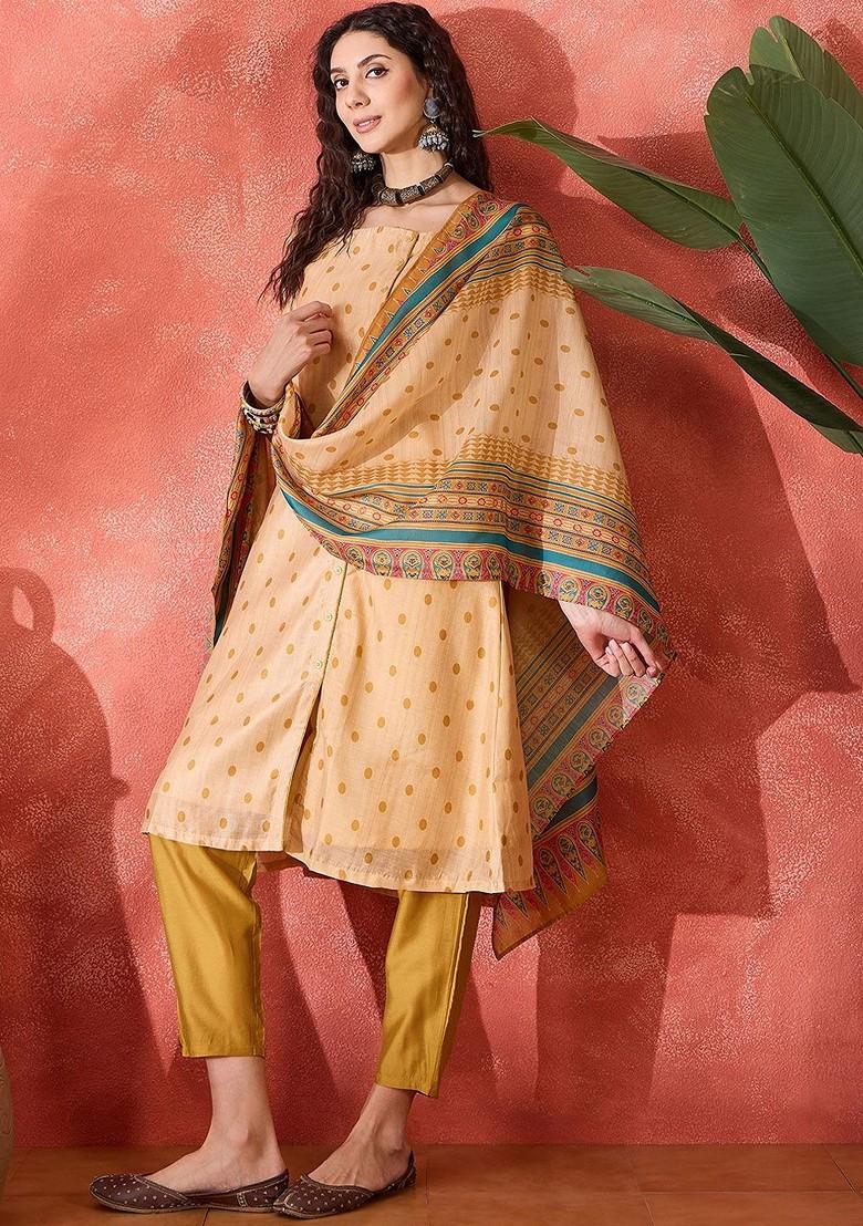 Cream Printed Blended Kurta Set - Indya