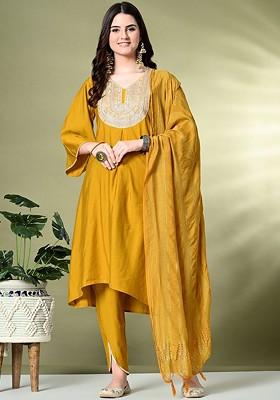 Mustard Sequinned Blended Kurta Set