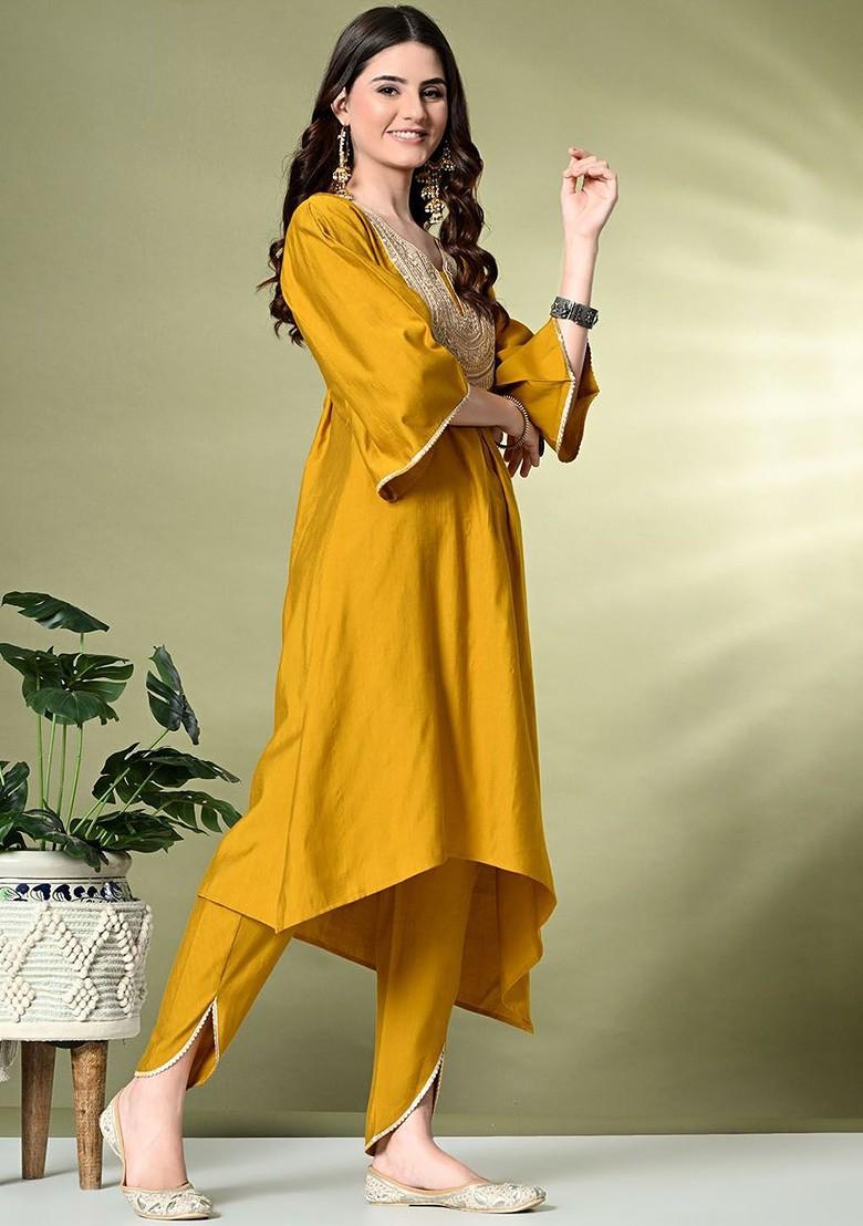 Mustard Sequinned Blended Kurta Set - Indya