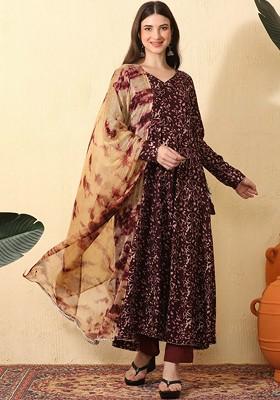 Maroon Printed Blended Kurta Set