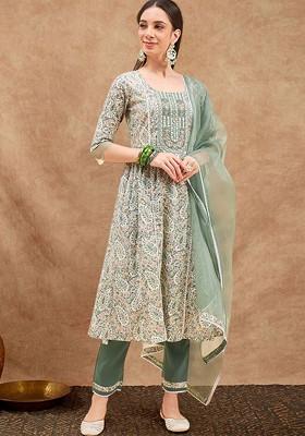 Cream Embroidered Blended Kurta Set