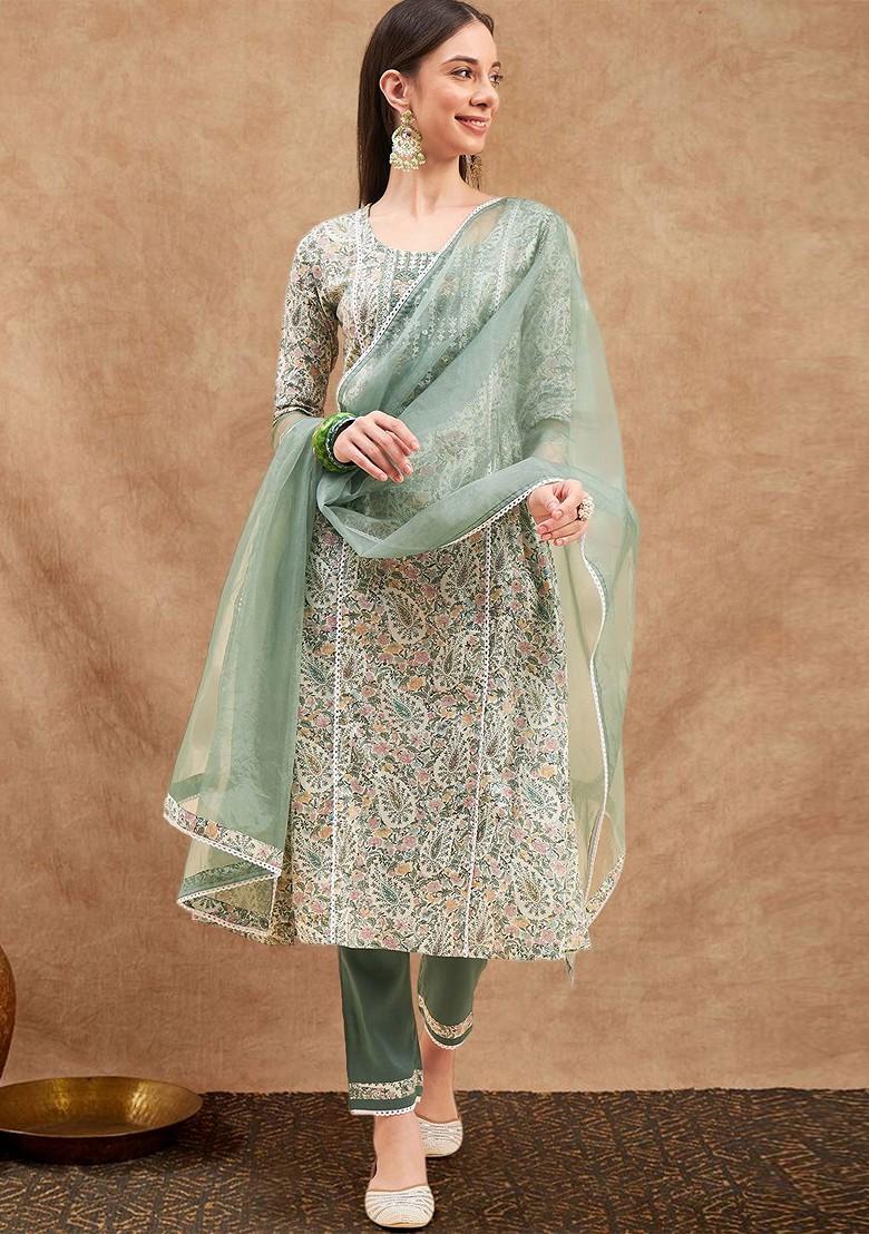 Cream Embroidered Blended Kurta Set - Indya