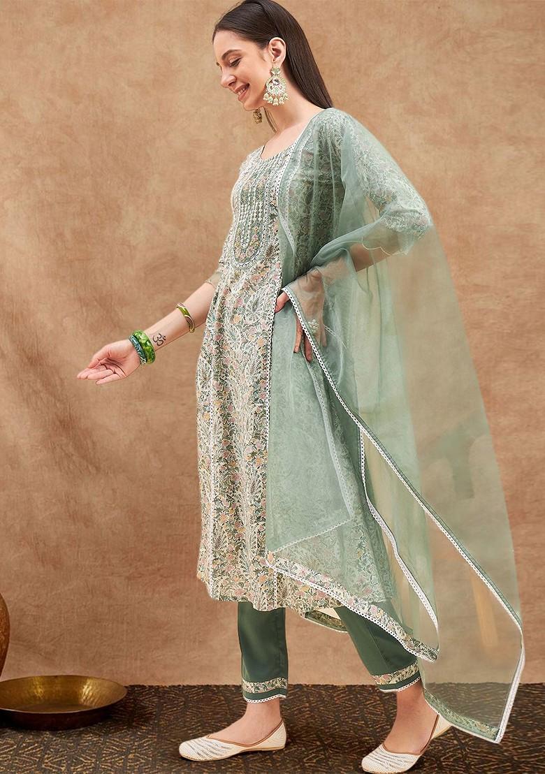 Cream Embroidered Blended Kurta Set - Indya