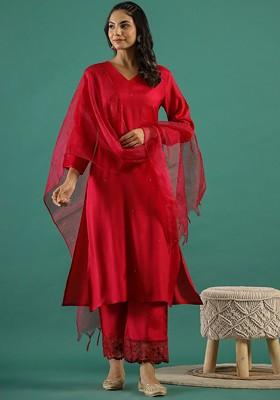 Fuchsia Embroidered Blended Kurta Set