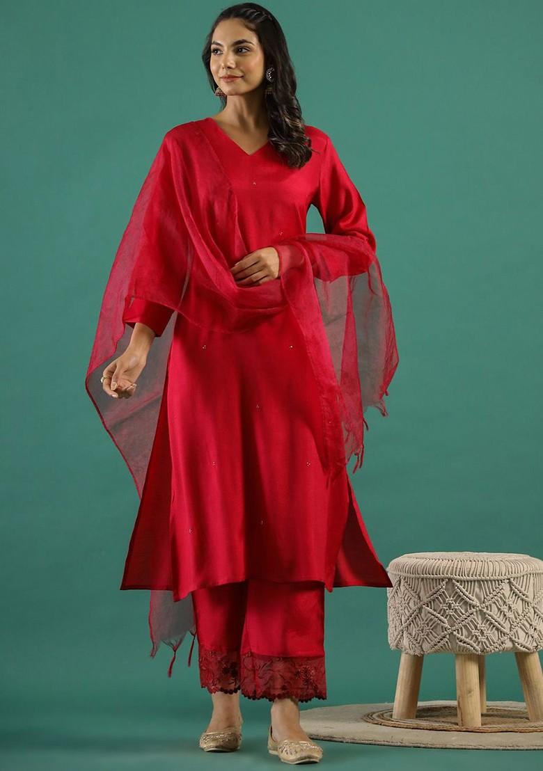 Fuchsia Embroidered Blended Kurta Set - Indya