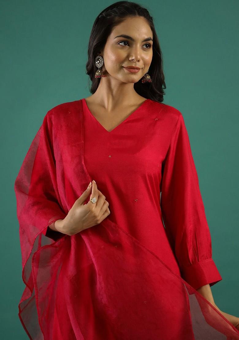 Fuchsia Embroidered Blended Kurta Set - Indya