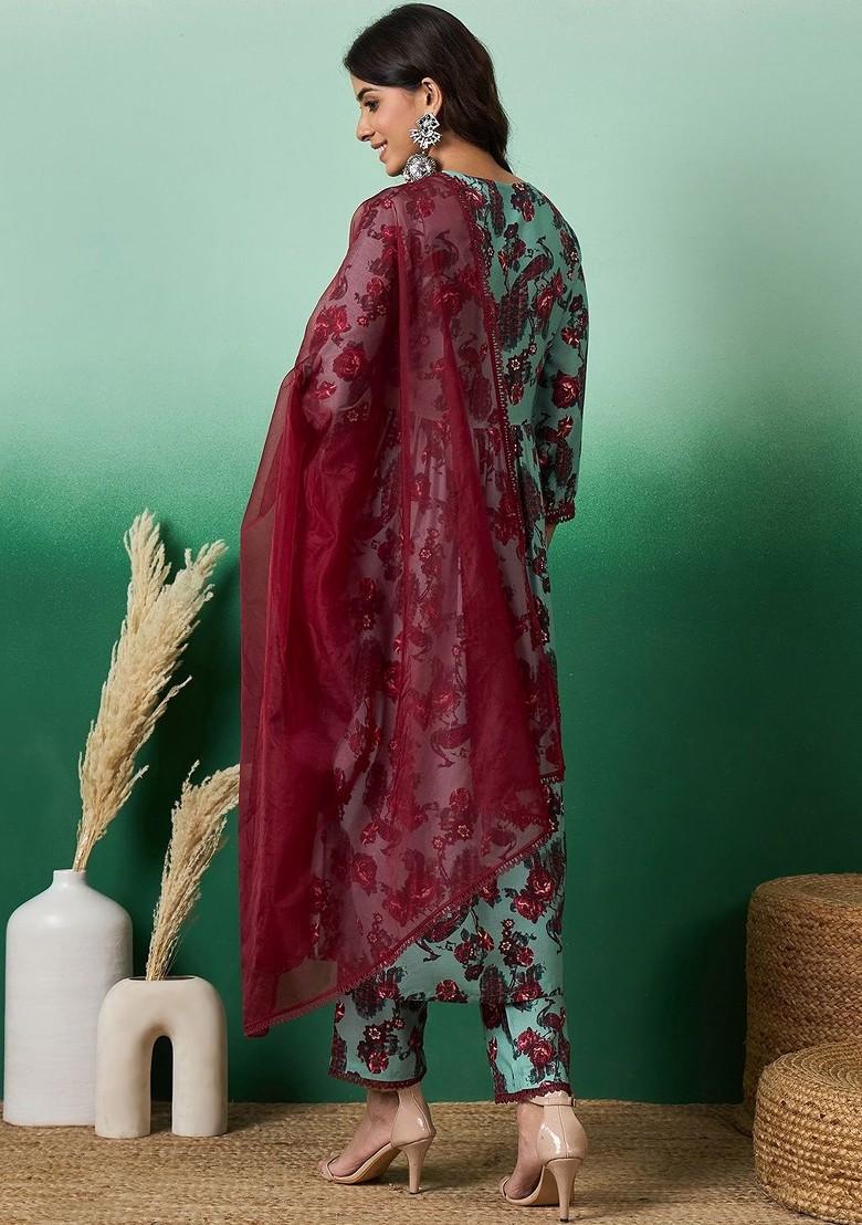Teal Printed Blended Kurta Set - Indya