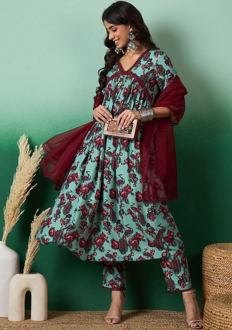 Teal Printed Blended Kurta Set - Indya