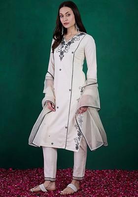 Off White Embroidered Blended Kurta Set