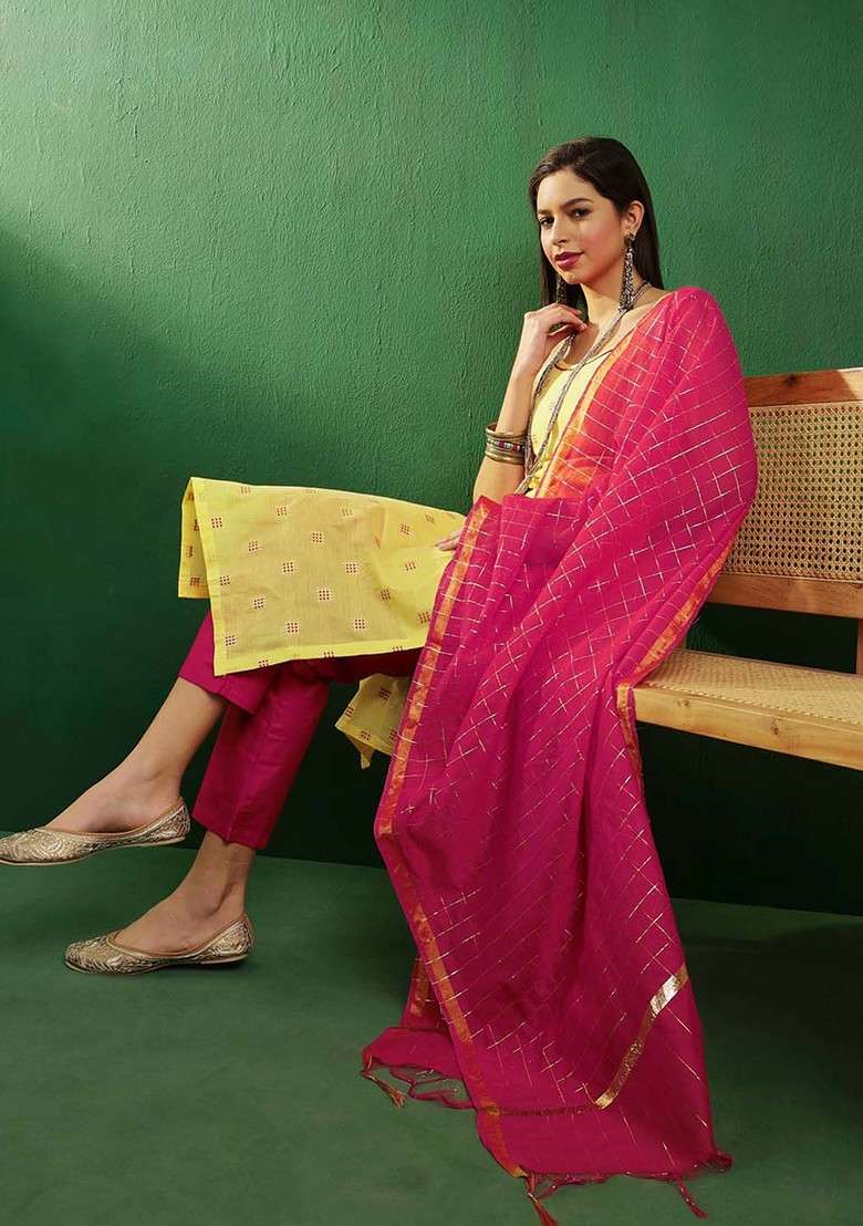 Yellow Embellished Blended Kurta Set - Indya