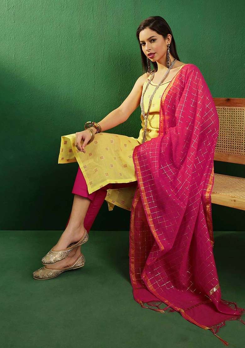 Yellow Embellished Blended Kurta Set - Indya