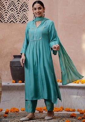 Green Thread Work Blended Kurta Set