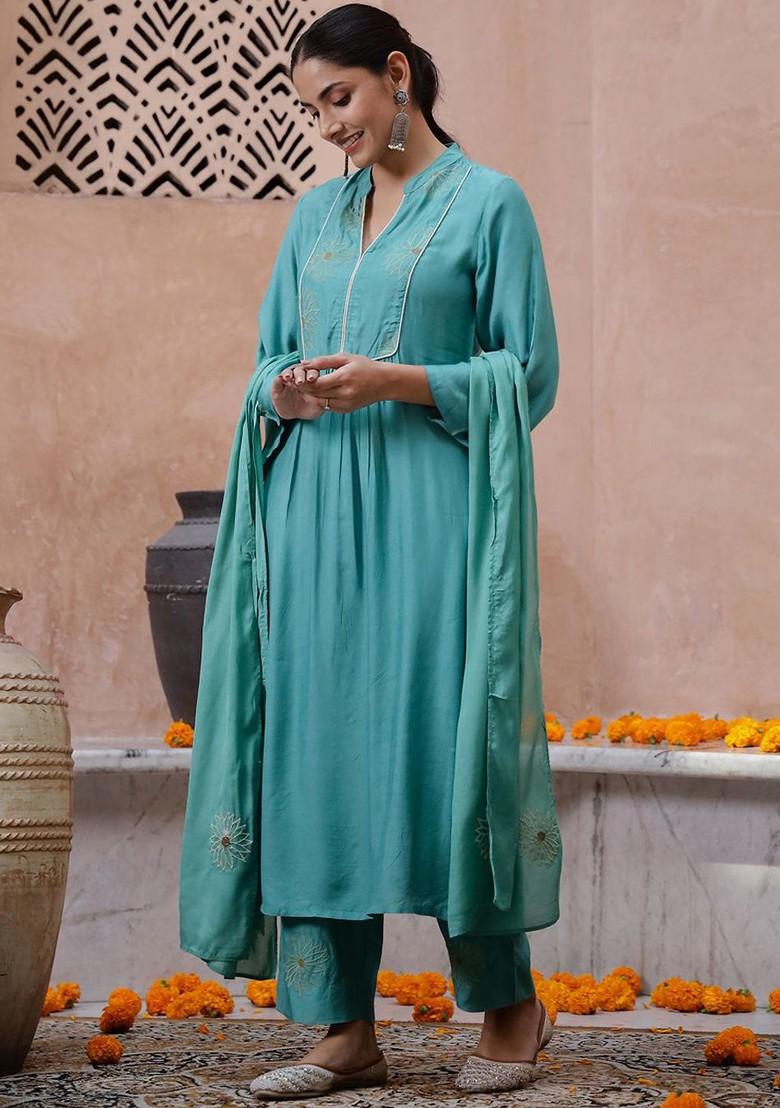Green Thread Work Blended Kurta Set - Indya