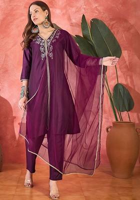 Purple Embroidered Blended Kurta Set