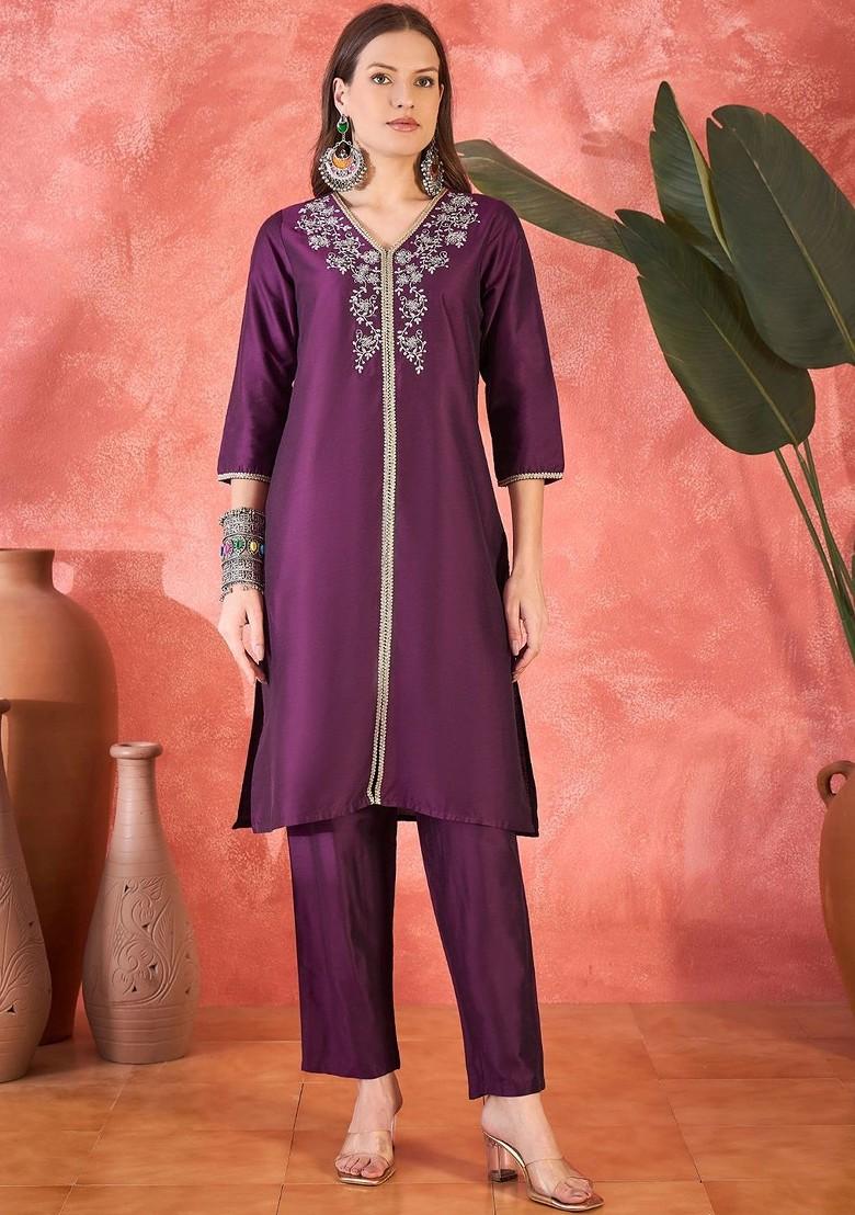 Purple Embroidered Blended Kurta Set - Indya