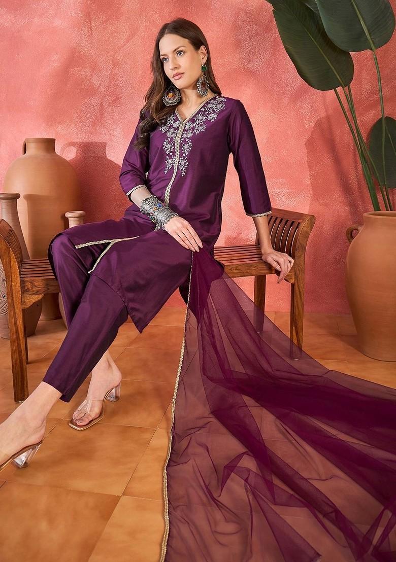 Purple Embroidered Blended Kurta Set - Indya