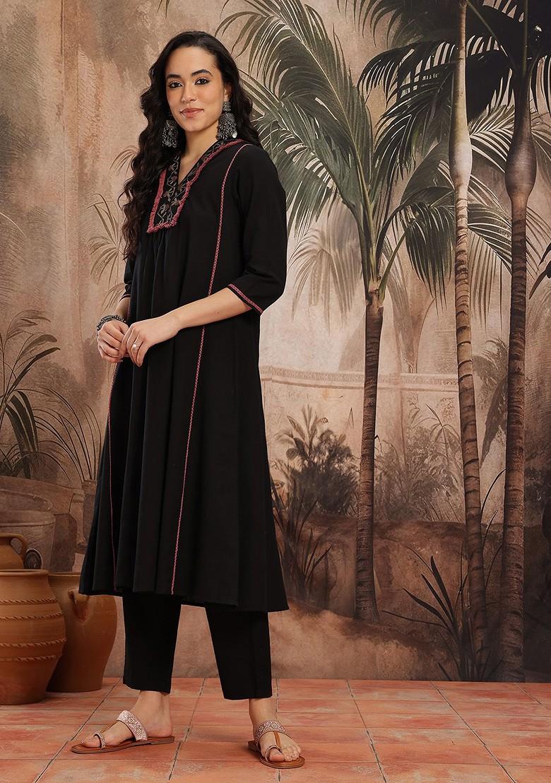 Black Yoke Design Blended Kurta Set - Indya