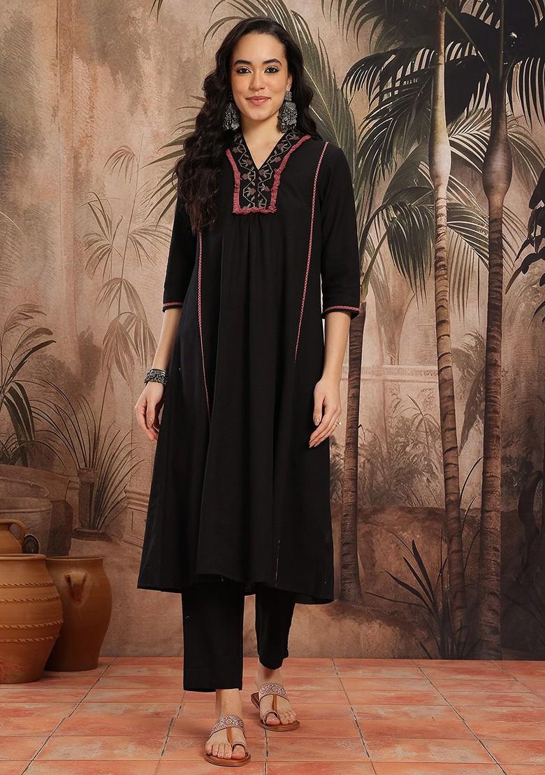 Black Yoke Design Blended Kurta Set - Indya