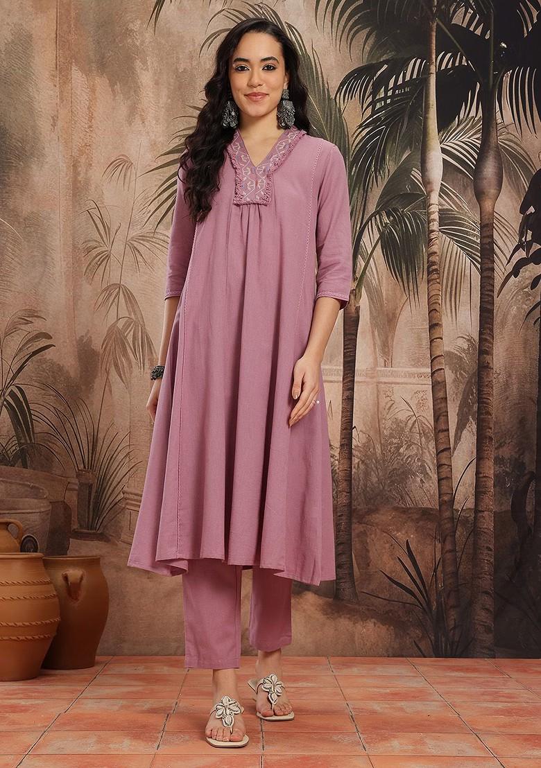 Pink Yoke Design Blended Kurta Set - Indya