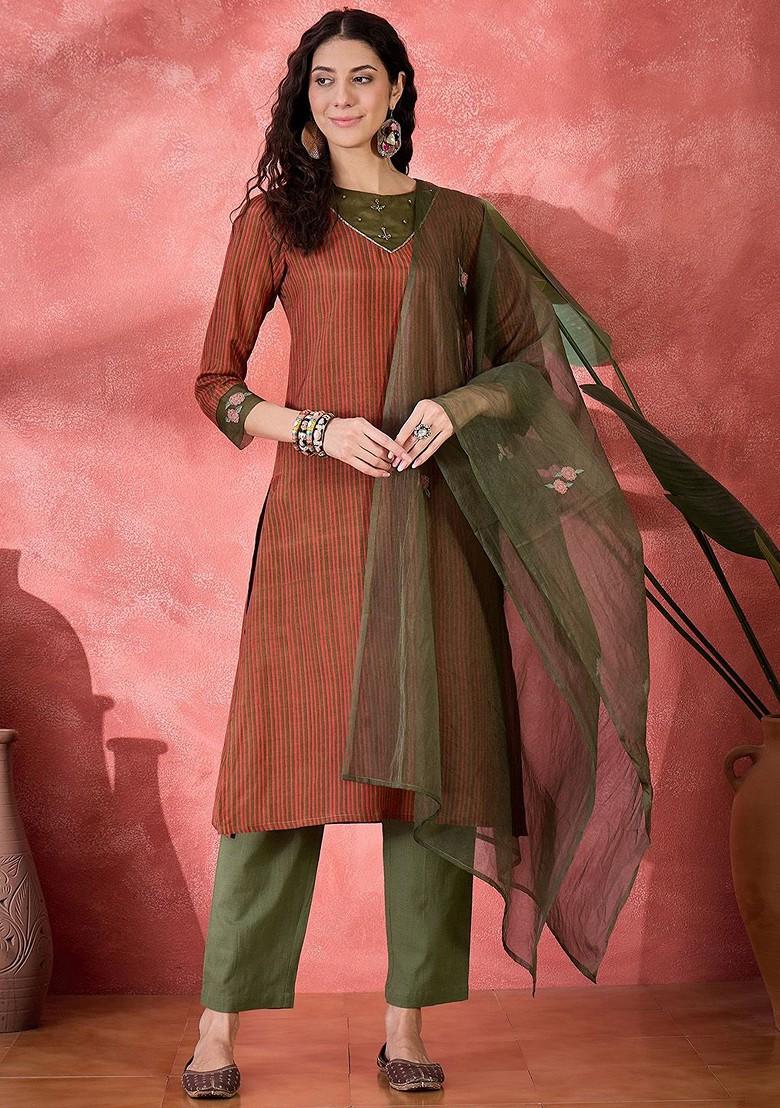 Brown Printed Blended Kurta Set - Indya