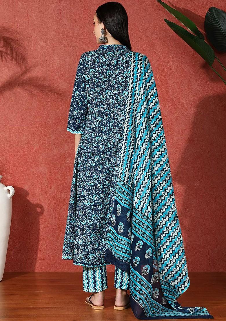 Navy Blue Embroidered Blended Kurta Set - Indya