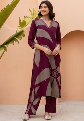 Maroon Printed Blended Kurta Set