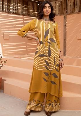 Yellow Printed Blended Kurta Set